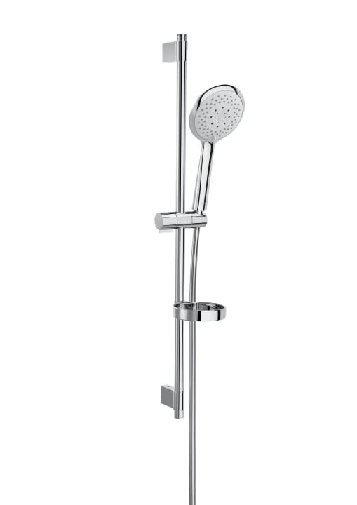 ROUND – Duschsats med Sensum Round handdusch med 4 funktioner, 800 mm skjutstång med justerbart handduschfäste, tvålkopp och 1,70 m flexibel slang. Kromad